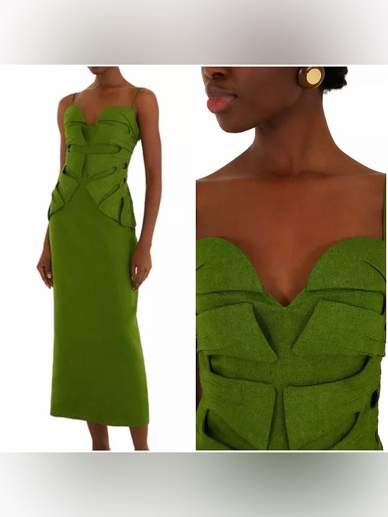 FARM Rio Dresses & Skirts - Farm Rio Monstera Leaf Linen Sleeveless Green Sculpted Bodice Midi Dress
